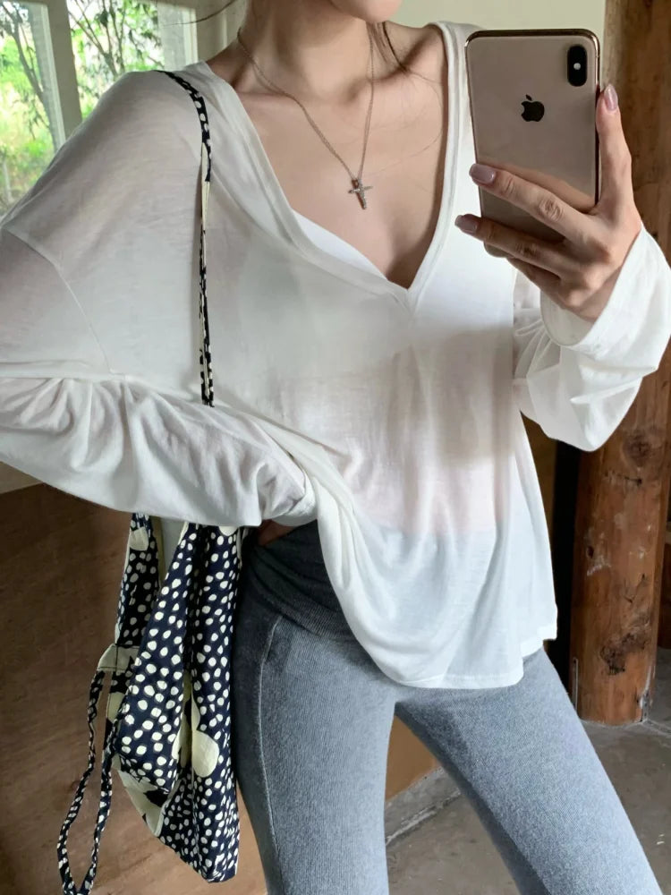 Women Oversized T Shirt Spring Summer V-neck Casual Fashion Loose Thin Long Sleeve Top Pullovers Chic White See Through T-shirt