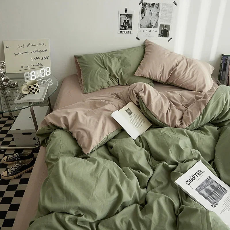 High Quality  Solid Color Double Washed Cotton Bedding 4 Pieces Set Student Dormitory Bed Linen Duvet Set Bed Suit
