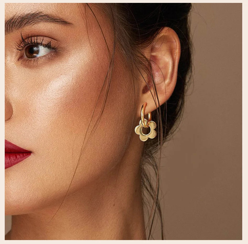 Gold Color Flower Earrings, Stainless Steel Huggie Hoop Earrings, Hypoallergenic Retro Style Bohe Ear Jewelry