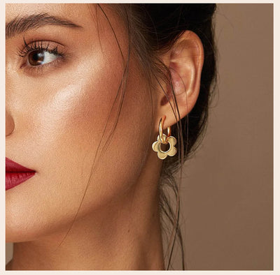 Gold Color Flower Earrings, Stainless Steel Huggie Hoop Earrings, Hypoallergenic Retro Style Bohe Ear Jewelry