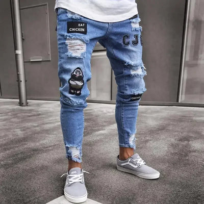 Punk Denim Pants Men Jeans Skinny Ripped Hole Patchwork Slim Pencil Denim Hip Pop Trousers Autumn Plus Size Streetwear Men's