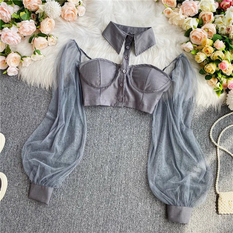 Autumn 2024 Women's Short Shirts Exposed Navels  fashion Sexy Slim Versatile Personalized hanging Neck  Off Shoulder Tops