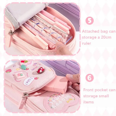 3Layer 6 Pockets Large Capacity Schoolbag shape Pencil Case Pencil Bag Aesthetic Stationery Holder Bag Girls Zipper Pencil Pouch