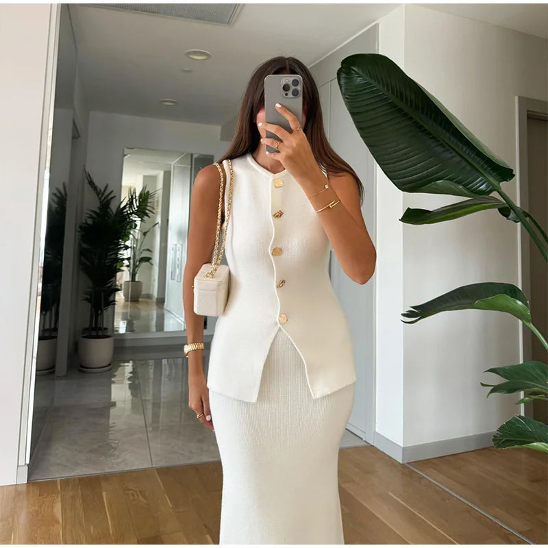 Single Breasted Knit Vest Mermaid Dress Woman Set O-Neck Split Sleeveless Top Solid Color Slim Long Dresses Casual Women Sets