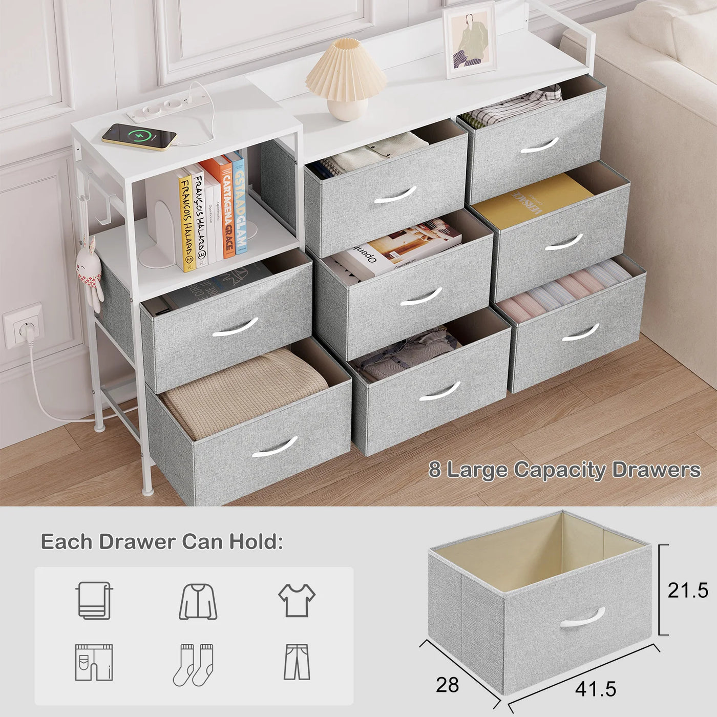 Chest of Drawers with 8 Fabric Drawer Sideboard Storage Cabinet for Kitchen Office with Charging Sockets Steel Frame 132x88x30cm