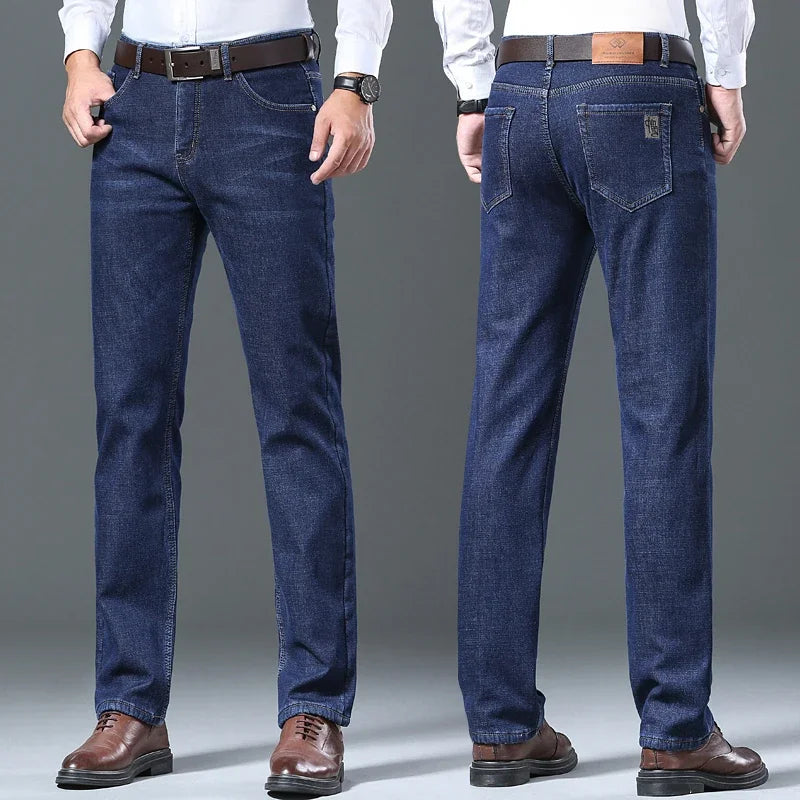 Men's Wool Velvet Jeans Winter Fleece Thickened Business Casual Straight Denim Pants Soft Cozy Thermal Stretch Trousers Male