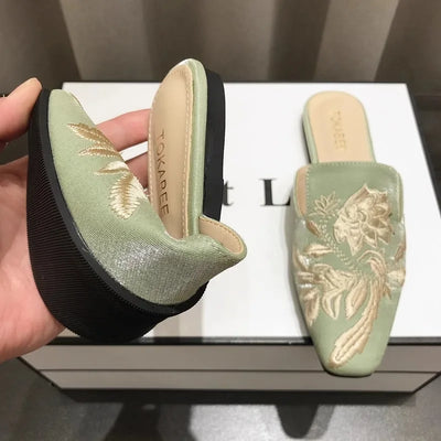 Women's Mules Slippers Summer Footwear Flats Retro Chinese Style Flowers Elegant Dress Low Heel Sandals Designer Slides on sales