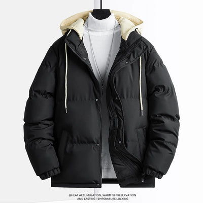 New Solid Color Hooded Collar Male Windbreak Cotton Padded Down Jacket Warm Thick Men Parka Winter Casual Mens Outwear Parkas