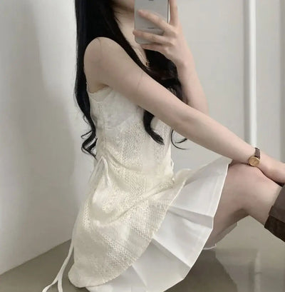 Hot Girl Korean Style Drawstring Lace-up Waist Lace Short Suspender Dresses + White Inner Wear Bottoming Sling Top Two-piece Set