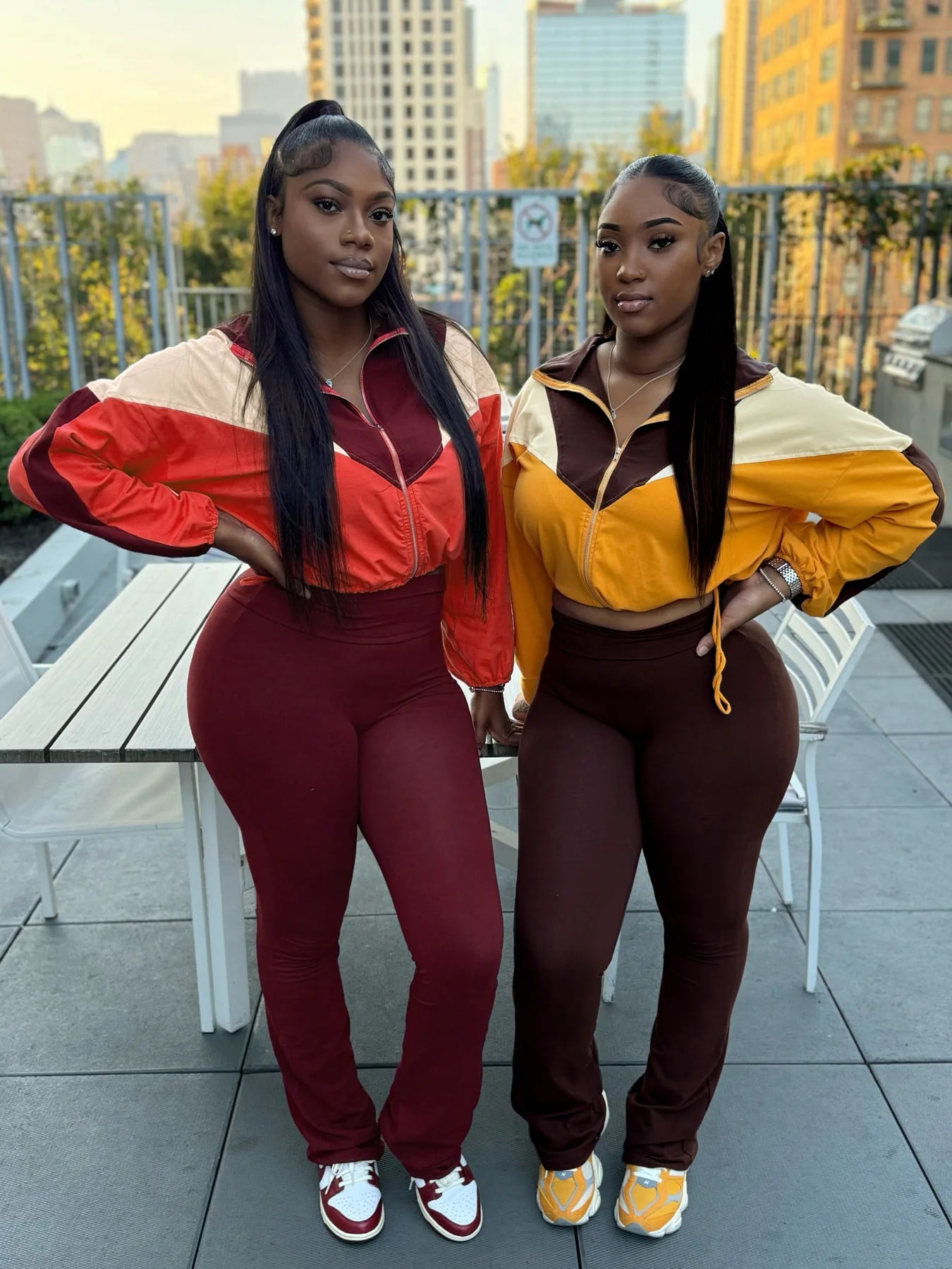 FAGADOER Color Block Street 2 Piece Set Outfit Casual Zip Drawstring Crop Top + High Waist Flare Pants Suit Autumn New Activwear