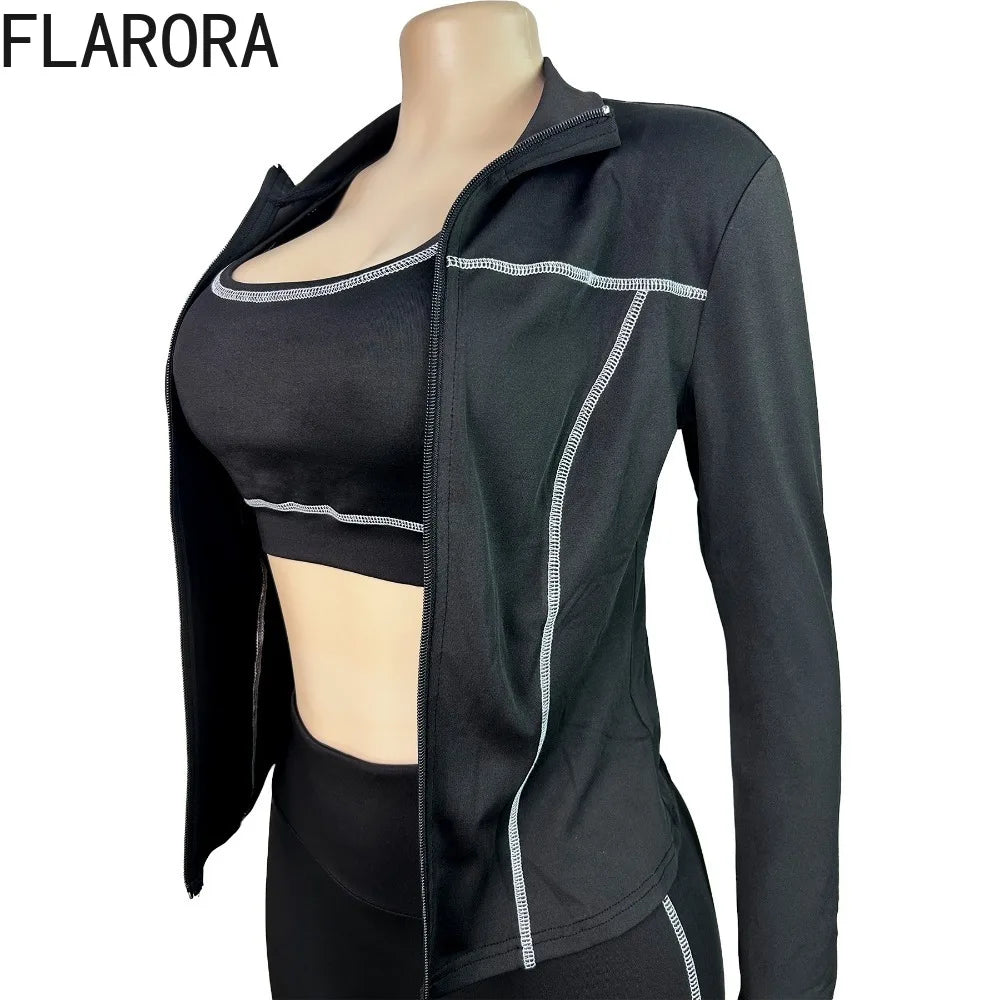 FLARORA Casual Sporty Three Piece Sets Woman Stripe Patchwork Sleeveless Vest+Jacket+Pant Outfits Female Yoga Fitness Tracksuits