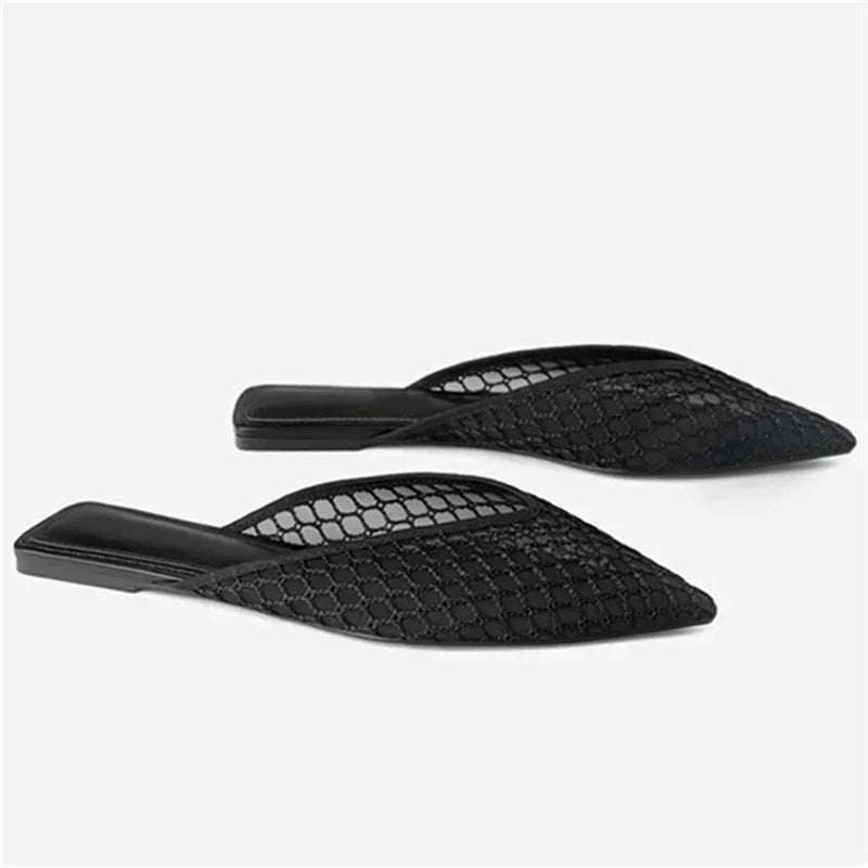Women's Pointed Toe Slippers 2024 Summer Designer Mesh Beach Flat Shoes Slides Outside Mules Gladiator Sandals Zapatos De Mujer
