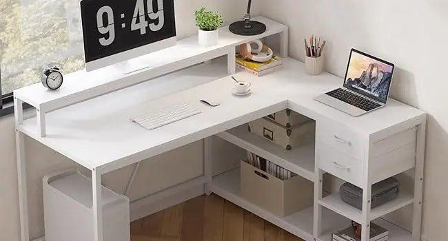 L Shaped Desk with Drawers and Storage Shelves, Home Office L Corner Desk with Monitor Stand, 55" x 24" Desktop Computer Desk