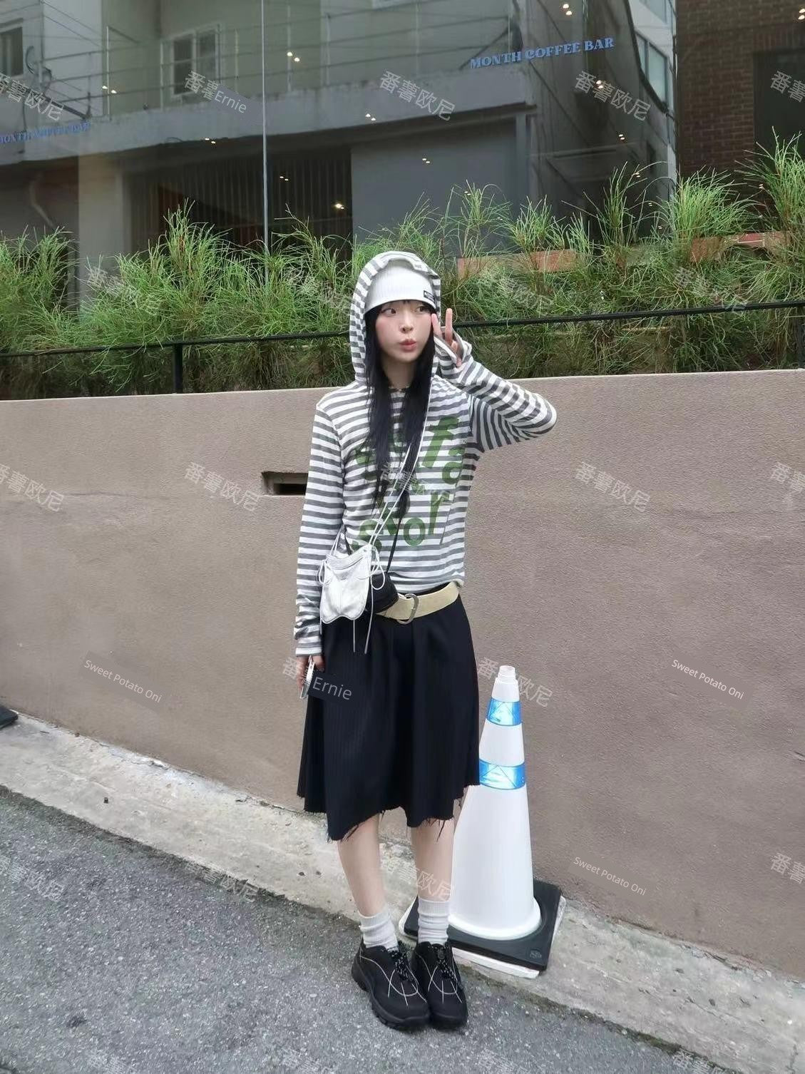 Sweet Potato Oni Homemade 2024 Spring Niche Style Safari Stripes Hooded Letter-Print Y2g Loose Long Sleeves