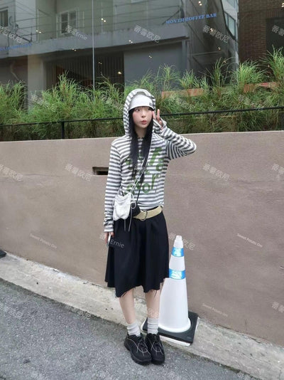 Sweet Potato Oni Homemade 2024 Spring Niche Style Safari Stripes Hooded Letter-Print Y2g Loose Long Sleeves