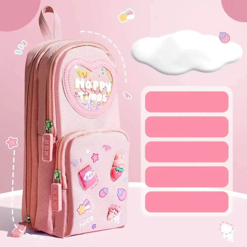 3Layer 6 Pockets Large Capacity Schoolbag shape Pencil Case Pencil Bag Aesthetic Stationery Holder Bag Girls Zipper Pencil Pouch