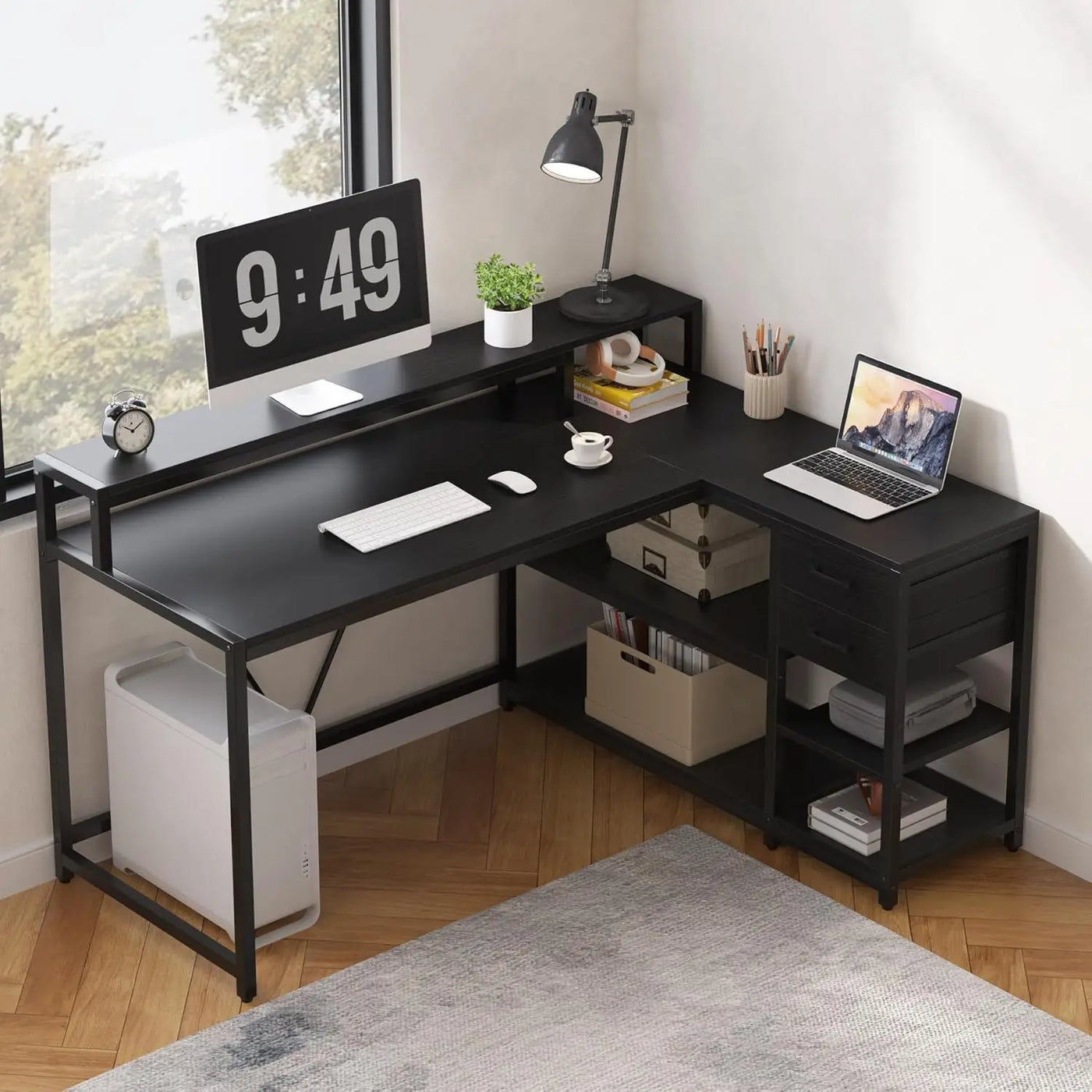 L Shaped Desk with Drawers and Storage Shelves, Home Office L Corner Desk with Monitor Stand, 55" x 24" Desktop Computer Desk