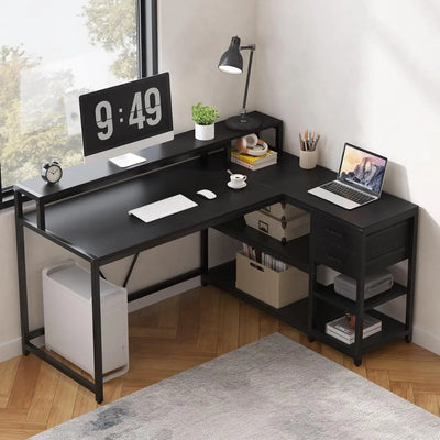L Shaped Desk with Drawers and Storage Shelves, Home Office L Corner Desk with Monitor Stand, 55" x 24" Desktop Computer Desk