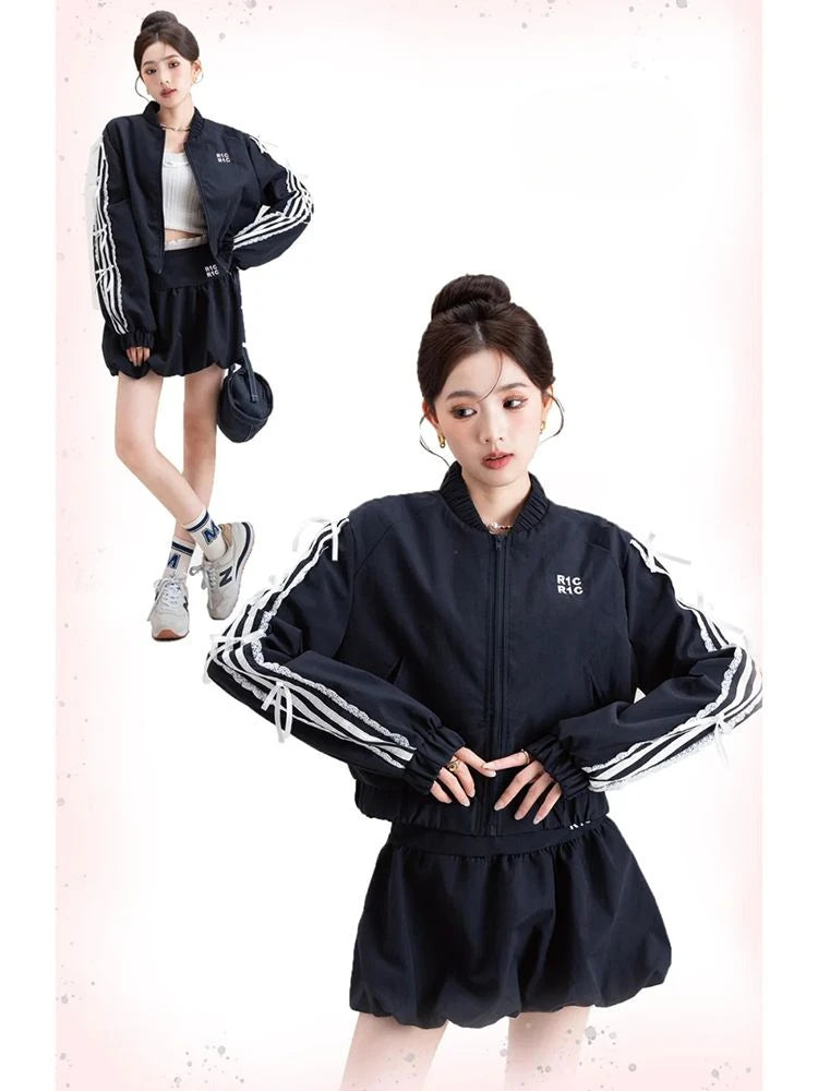 Woman Sweet Fashion Suit Casual Y2k Crop Tops +  A-line Mini Shorts Skirt Low Waist Slim Shorts Skirt Spicy Girls Streetwear Set