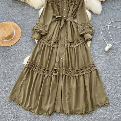 Elegant Long Maxi Hollow Out Dress Shirt Women Summer Autumn Palace Retro Pearl Button Embroidery Crochet Evening Party Vestidos