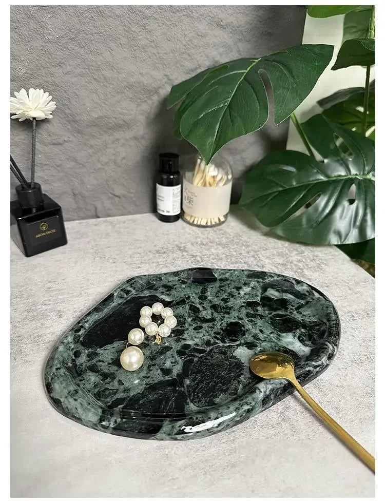 Luxury Green Marble Oval Tray: Bathroom Organizer & Fruit Serving Platter, Waterproof Stone Decor for Hotel Spa Home Kitchen