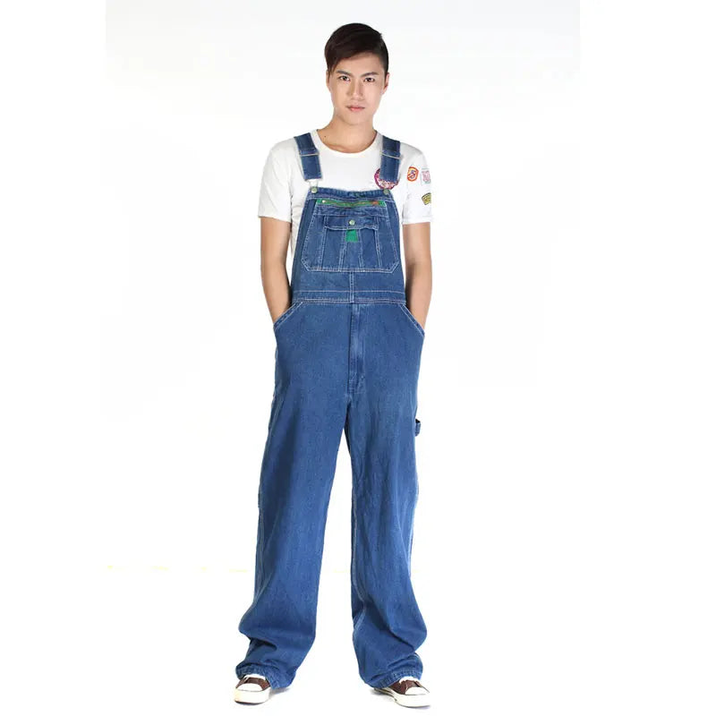 Men's Overalls Jumpsuit Large Size Strap Straight Blue Jeans With 7 Pockets