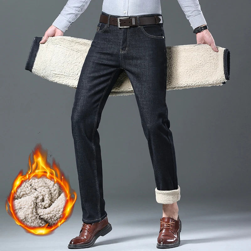 Men's Wool Velvet Jeans Winter Fleece Thickened Business Casual Straight Denim Pants Soft Cozy Thermal Stretch Trousers Male