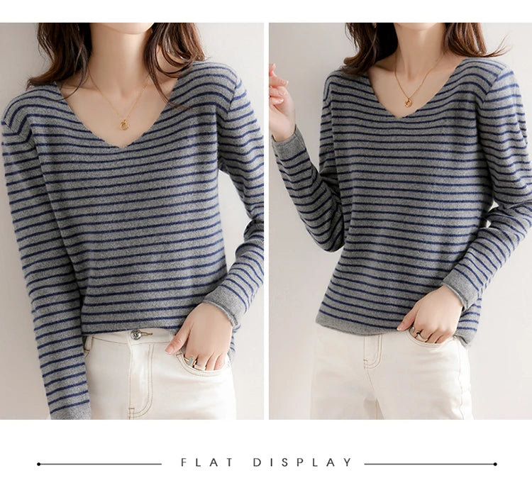 New Striped V-neck Sweater Women's All-Match Loose Sweater Fall Winter Fashion Bottoming Shirt Inner Wear Blouse