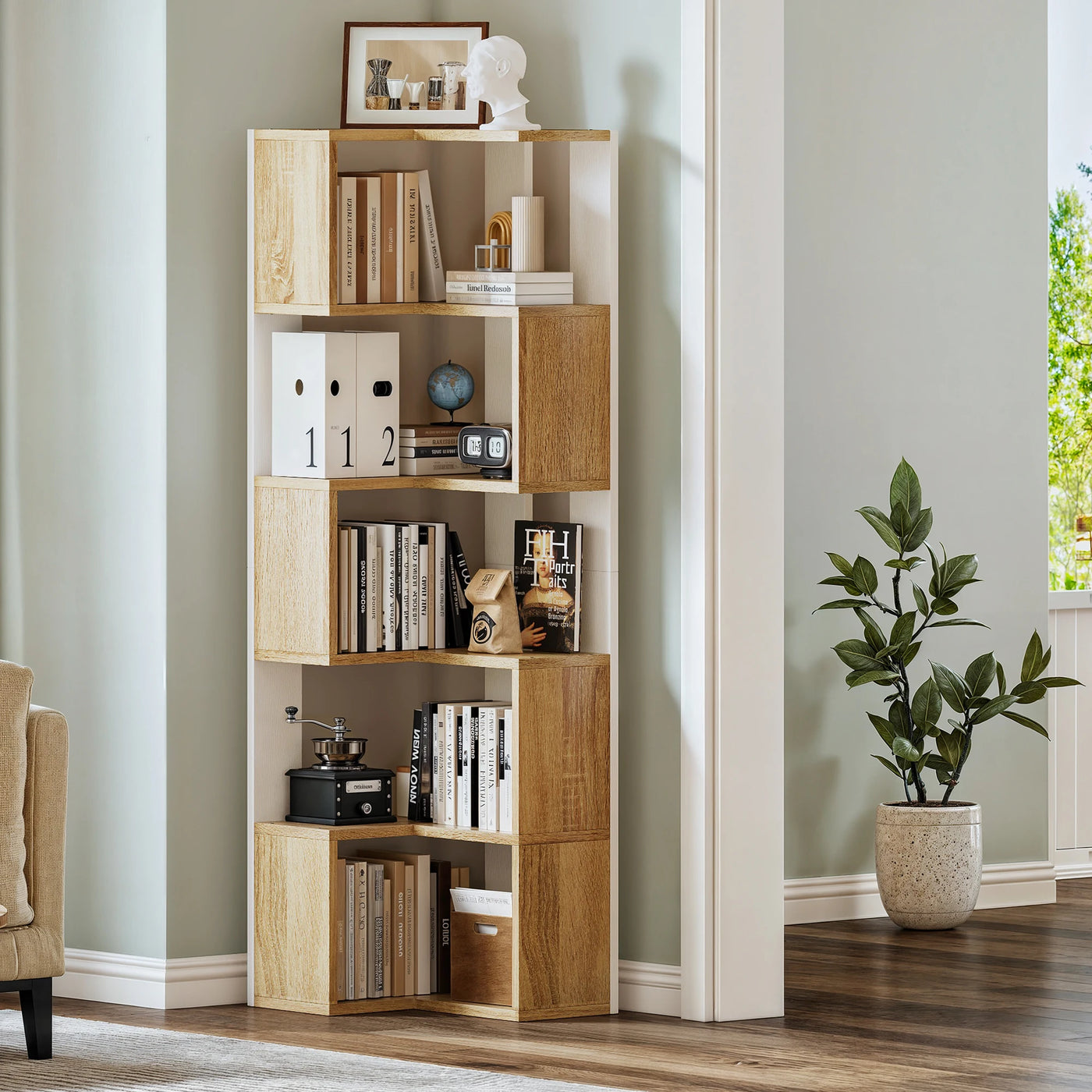 Wooden 5-Tier Corner Bookcase - Floor Standing Display Shelf for Living Room Office, 54x40x159.5cm