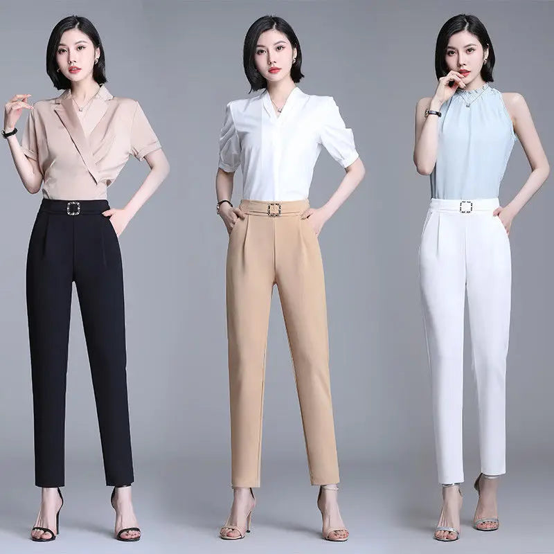 Elegant High Waist Elastic Harem Pants for Women Commuter Casual Capri Pants Fashion Solid Color Pockets Sashes Trousers 4XL