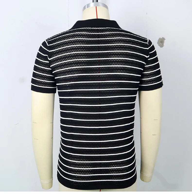 Men's Sexy See-through Knit Shirt Breathable Hollow Striped Shirt Summer New Men's Thin Coat Men's Clothing Hawaiian Shirt Tops