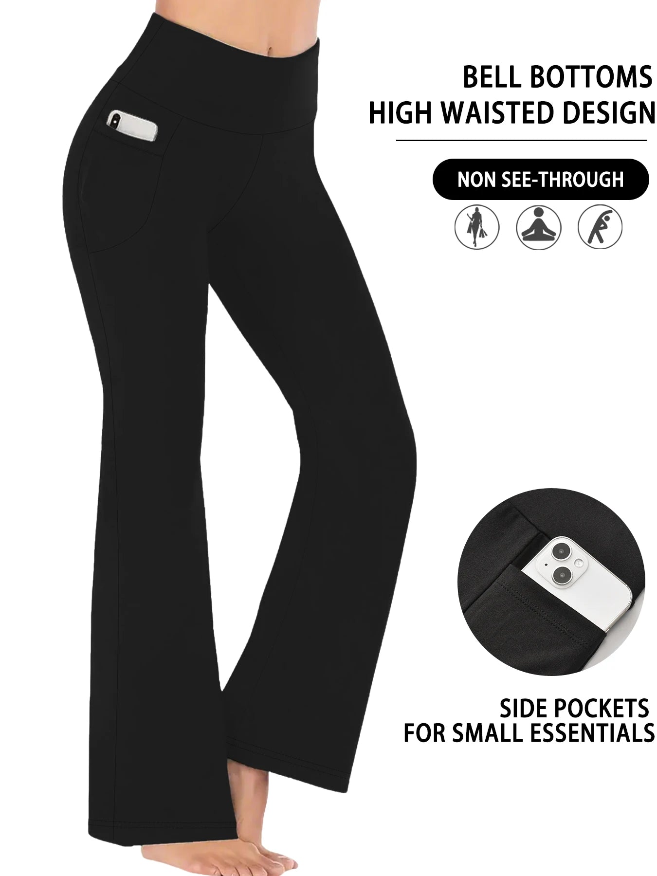 Women's Super Soft Flare Pants with Pockets High Waisted Tummy Control Workout Yoga Push Up Gym Fitness Leggings Bell Bottoms