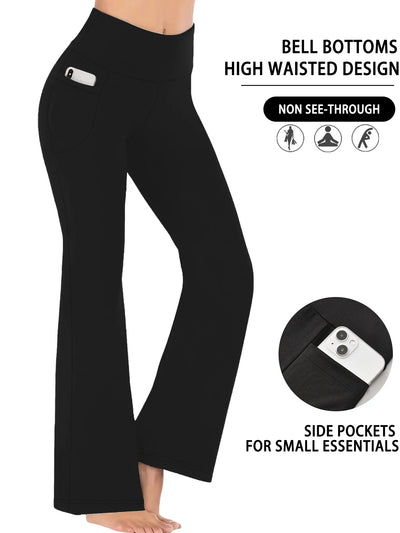 Women's Super Soft Flare Pants with Pockets High Waisted Tummy Control Workout Yoga Push Up Gym Fitness Leggings Bell Bottoms