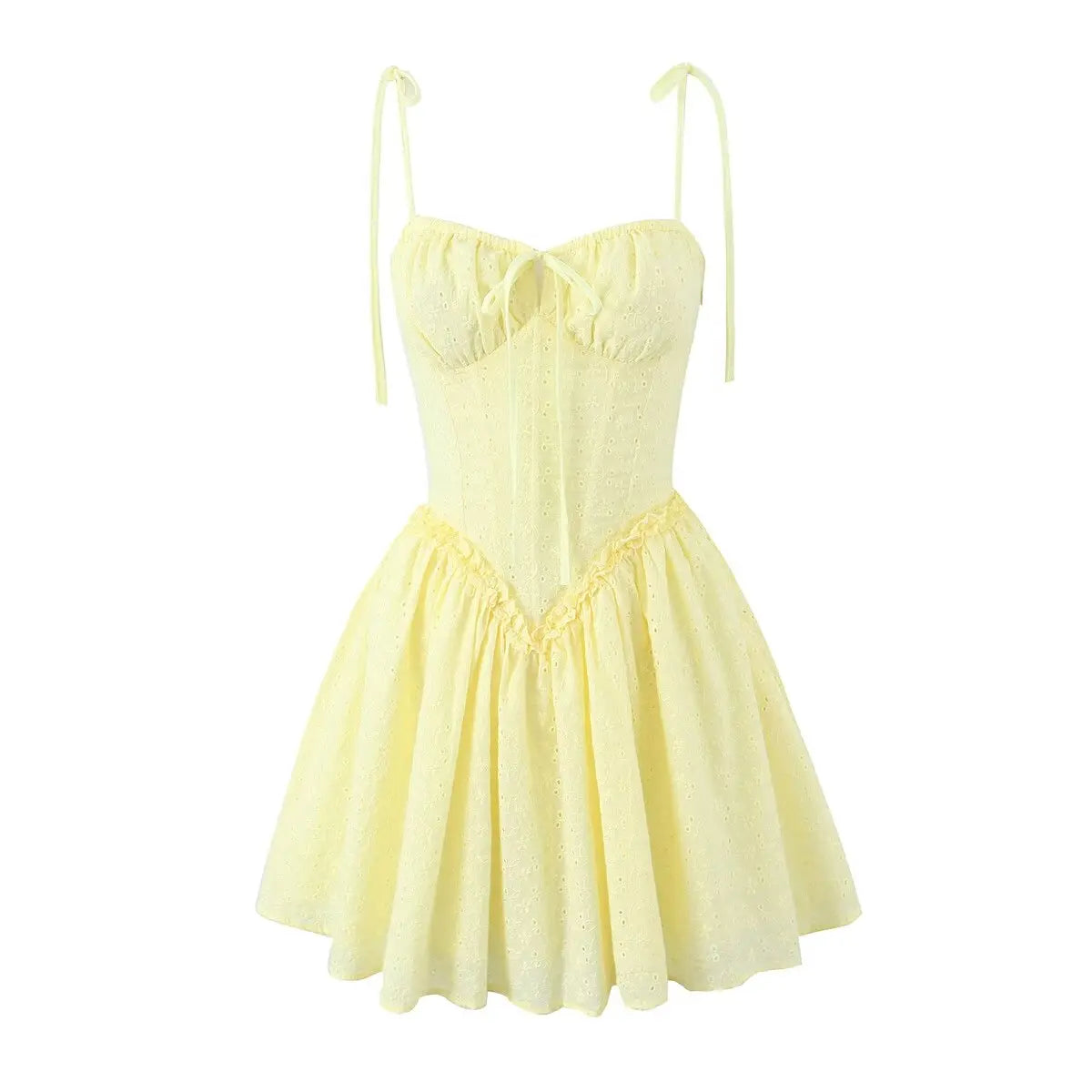2024 Sexy Yellow Hollow out Embroidery Lace Cotton Corset Style Bow Sling Dress Women Low Waist Ball Gown Swing Mini Party Robe
