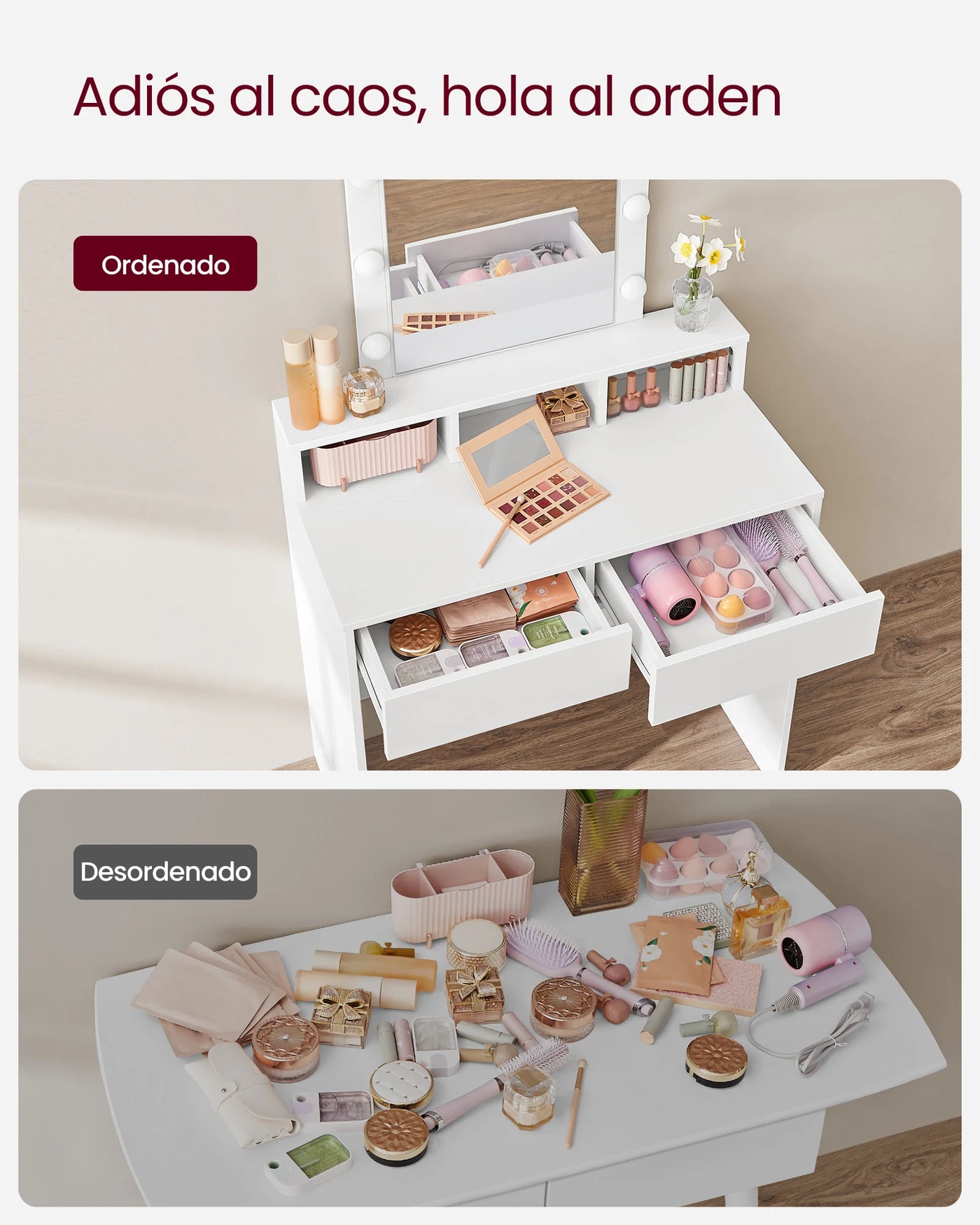 Tocador Moderno Negro con Luces LED de Brillo Ajustable, Mesa de Maquillaje con Espejo, 2 Cajones y 3 Compartimentos