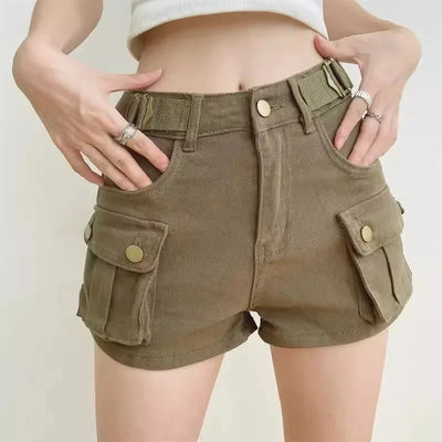 Women's Summer High Waisted Stretchy Denim Shorts Korean Cargo Style Slim Fit Ultra Short Hot Pants with Large Pockets for Dance