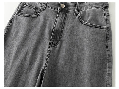 Plus Size Gray Jeans for Women Stretchy High Waist Mom Jeans Harem Full Length Washing Denim Jeans Curvy Fitting 100 Kgs Jeans