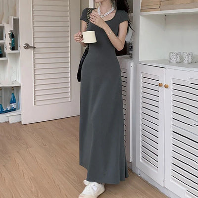 Rimocy Slim Fit Sexy Maxi Dresses for Women 2024 Summer Short Sleeve Bodycon Dress Woman Round Neck Party Club Sundress Ladies