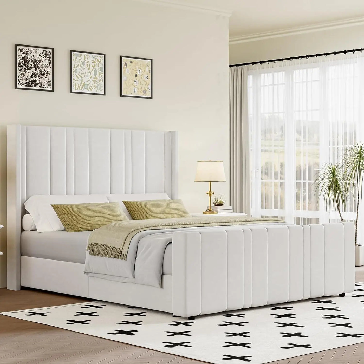 Queen Bed Frame Pink Upholstered Bed with Vertical Channel Tufted Headboard & 22" Footboard, Noise Free/Wooden Slats/Nois