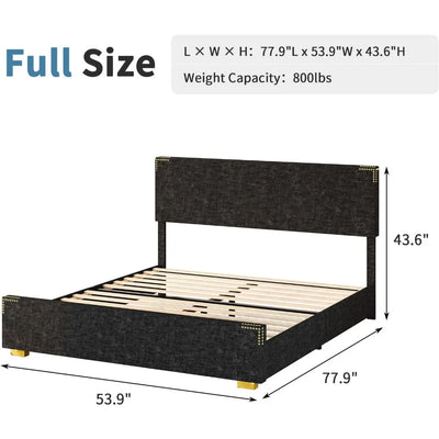 Bed Frames, Denim Texture Upholstered Bed Frame Full with Rivet Decorate Headboard and Headboard, Gold-Colored