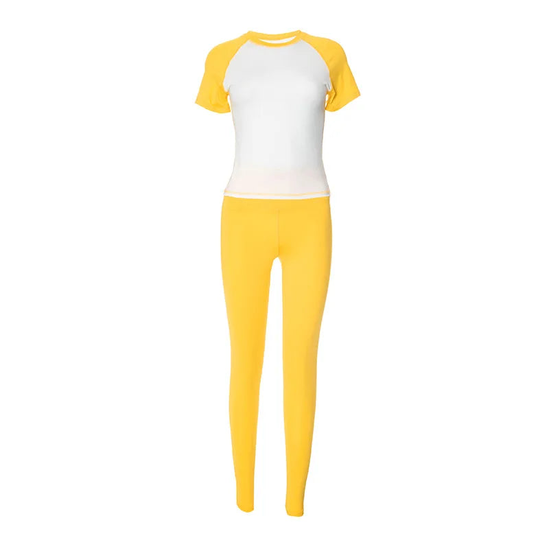 Weird Puss Casual Sporty 2 Piece Set Women Contrast Patchwork Short Sleeve T-Shirts+Skinny Stretch Sweatpants Simple Tracksuits