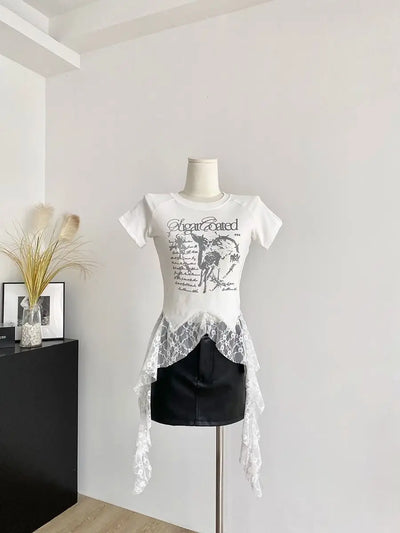 Y2K Brand Cute Deer Graphic Crop Top White Lace Ruffles Tassels Skirt T-shirts Punk Hip Hop E-girl Sexy Club Summer Tees Casual