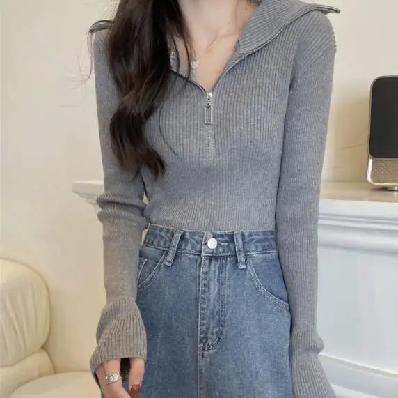 Zip Half Open Collar Knitted Sweater Spring and Autumn Long Sleeve Slim Bottom Shirt Women's Chic Top Pullover Y2k Korean Pulls