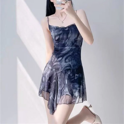 Women Print Mesh Mini Dress Streetwear Chic Sexy Backless Sleeveless Lace Up Cross Dresses A-line Vintage Holiday Y2k Clothing