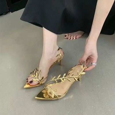 2025 Summer Ladies High Heels Fashion Pointed Leaf Gold Silver High Heel Sandals Women Party Wedding Shoes
