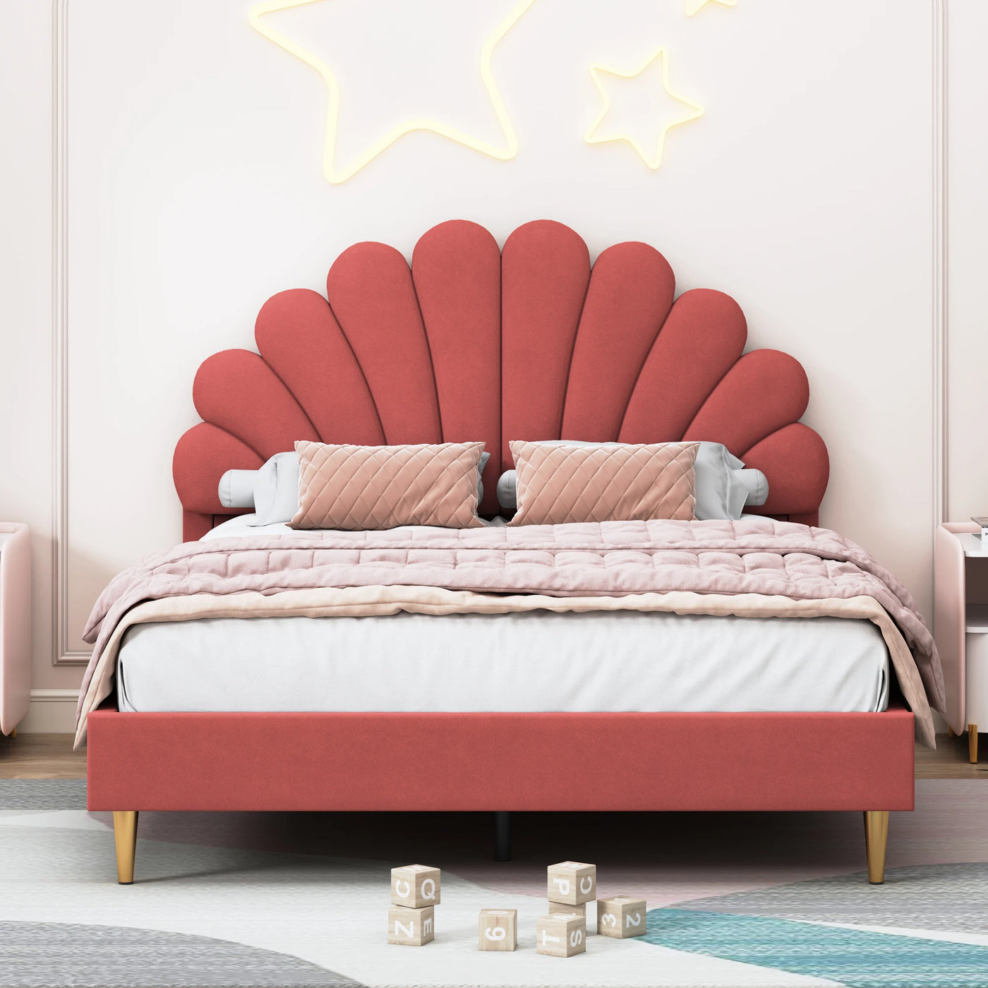 Double bed 140x200 cm, upholstered bed with flower-shaped headboard and slatted frame, stable bed frame, children's bed