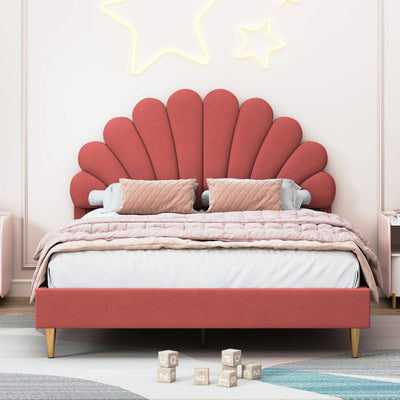 Double bed 140x200 cm, upholstered bed with flower-shaped headboard and slatted frame, stable bed frame, children's bed