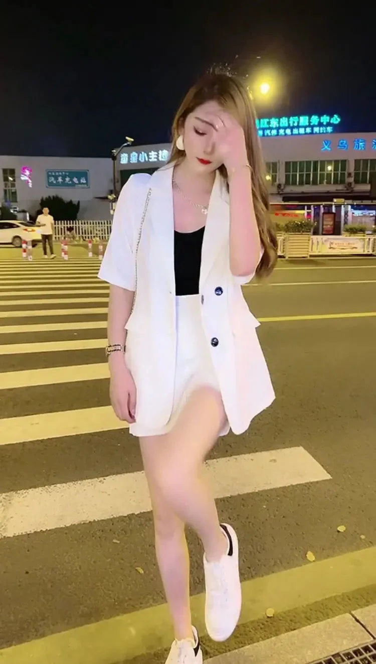 Women's 2025 New Summer High-end Fashion Outfits And Suit Collar Short Sleeve Solid Coat Pop Shorts Two Piece Set Women Clothing