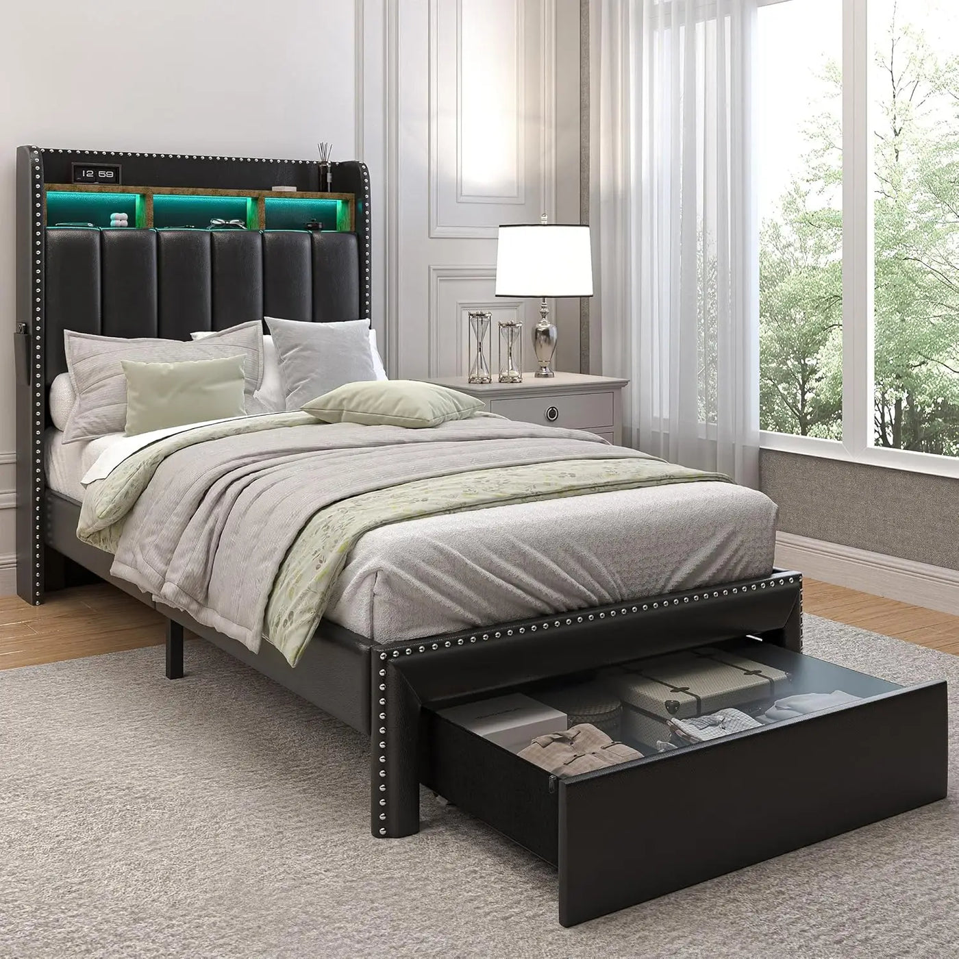 Queen LED Bed Frame with 2 Drawers, Modern Platform Beds with 2 Tier Linen Upholstered Storage Wingback Headboard, Channel