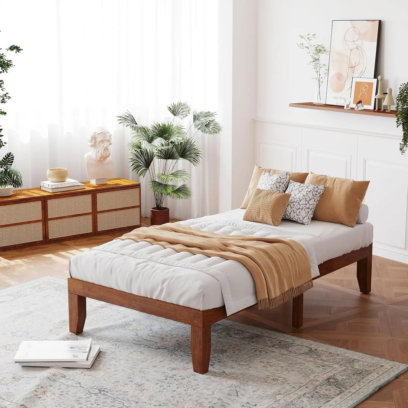 14 Inch Wood Platform Bed Frame,Minimalist Mattress Foundation with Solid Rubber Wood,Heavy Duty Slat Support, Without Headboard
